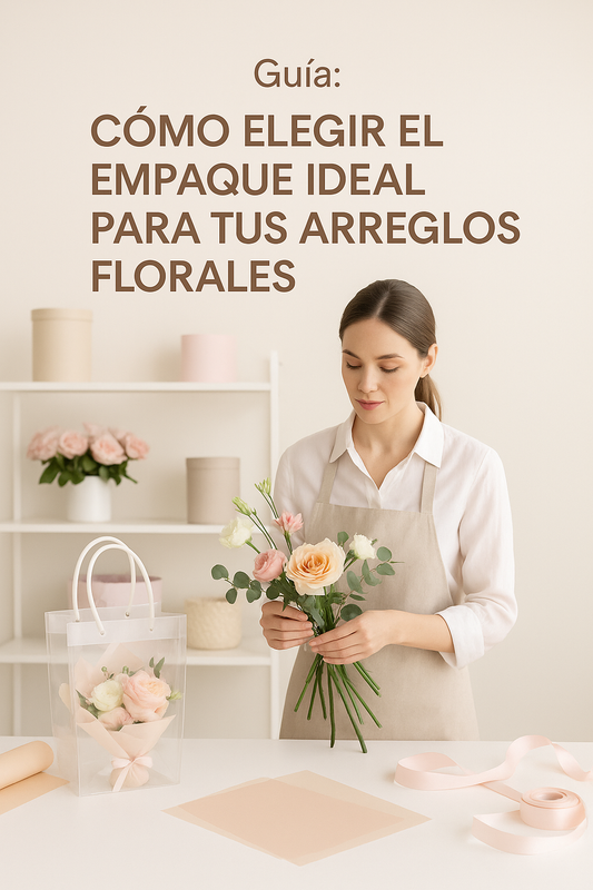 Arranging a bouquet of roses with wrapping paper, pink ribbon, and a floral bag in a minimalist setting with pastel tones. Professional floral packaging