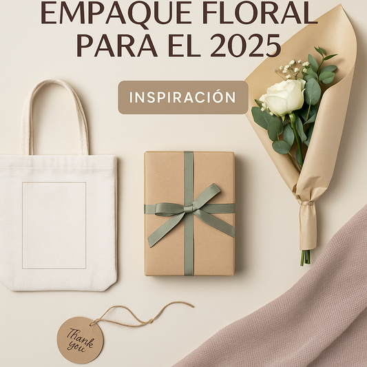 Floral packaging for 2025: a cloth bag, a kraft-wrapped bouquet, a gift box with a green ribbon and a "Thank You" tag on a minimalist beige background. Packaging trends for florists and event designers.