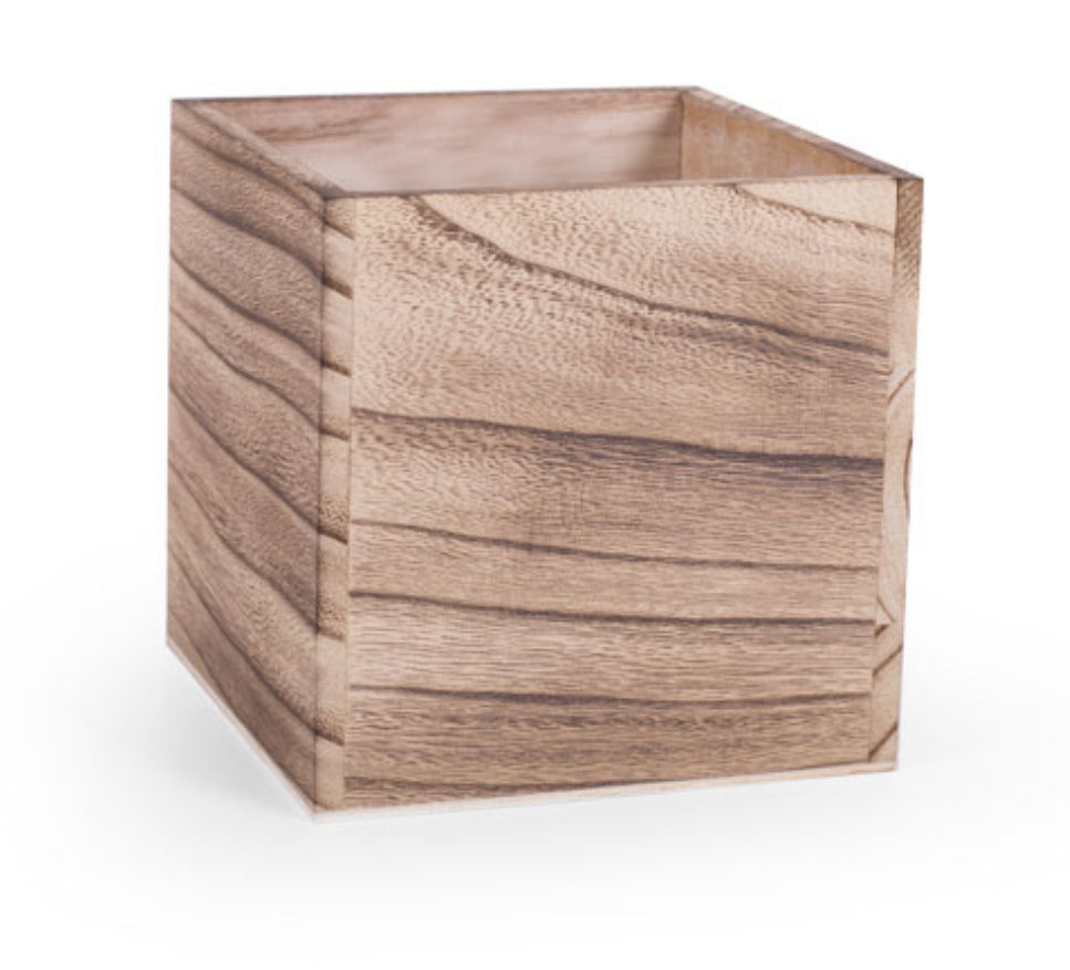 Square wooden vase for rustic floral arrangements